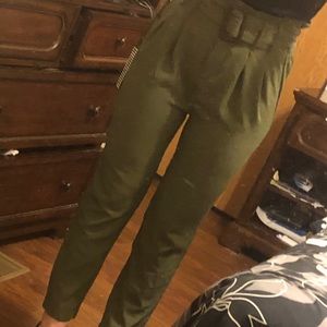 High waisted belted olive skinny pants